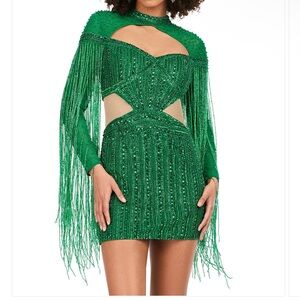 Beaded Fringe Sleeves Green Cocktail Dress | Ashley Lauren